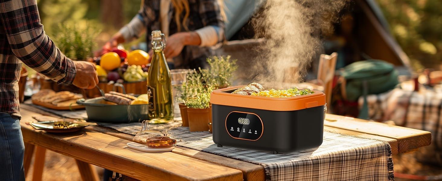 Adult Radio Frequency Heated Lunch Box, 6.3 Cups Capacity（1.5L）, Smart Timer Self-Heating, Portable Food Warmer, Detachable Divider, Ideal for Work and Outdoor Activities