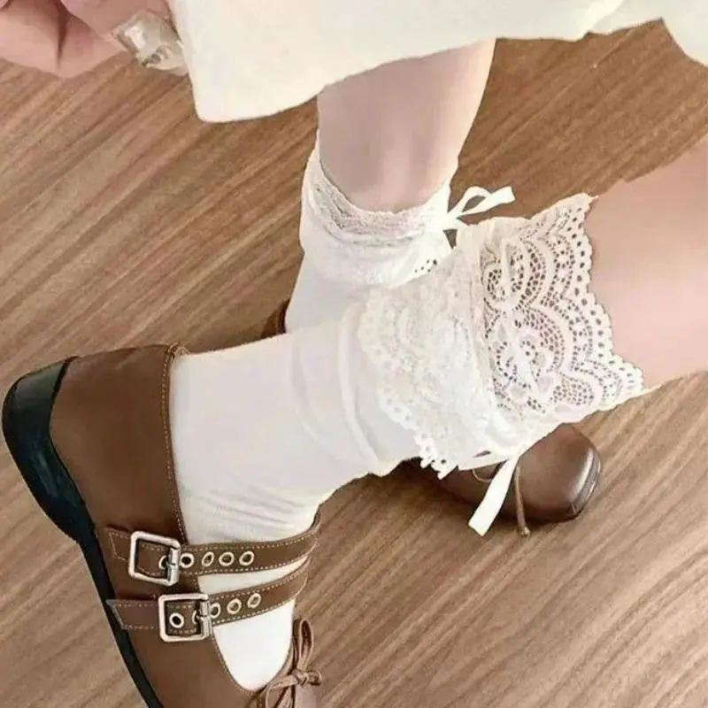 Thick Warm White Thigh High Stockings Sweet Kawaii Lolita Lace Bow Sexy Casual Daily Outfit For Women Girls Autumn Winter