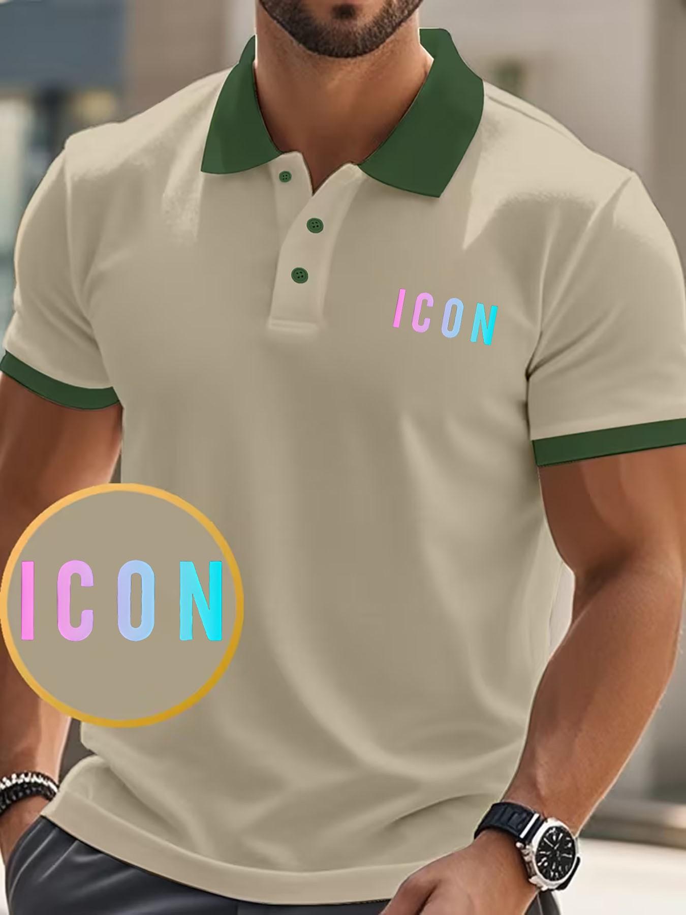 Trendy Versatile Golf Shirt, Summer Men's Retro Icon Logo Polo, Collar Button Casual Top, Short Sleeve Slim Fit, Spring & Fall