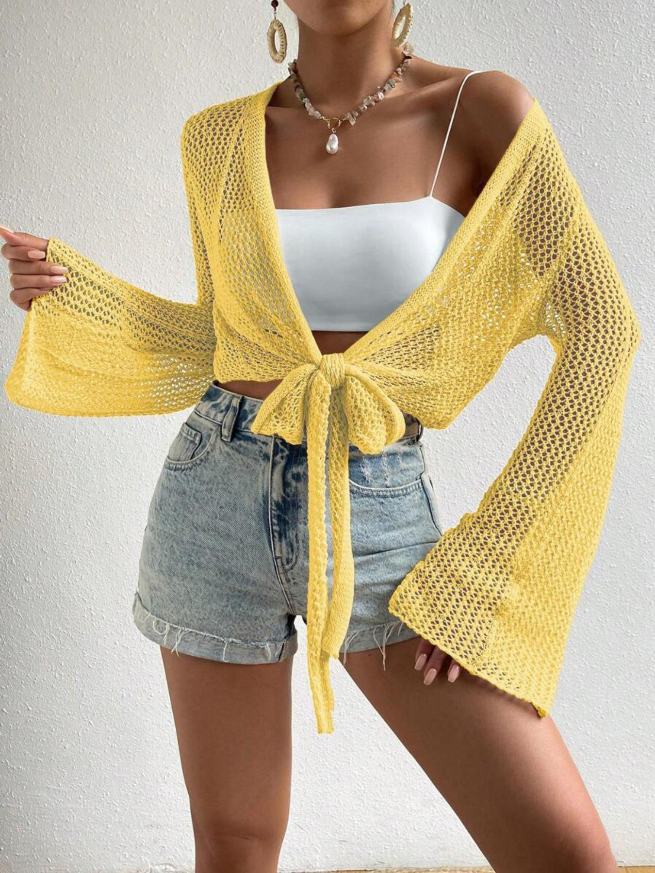 Women's Plain Knot Front Cardigan, Casual Long Sleeve Cover Up for Summer, Fashion Women's Knitwear for Beach Holiday Vacation