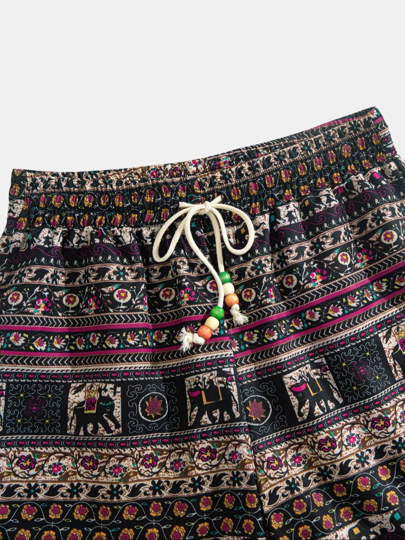 Men's Ethnic Pattern Drawstring Waist Baggy Shorts, Loose Casual Comfy Beach Paisley Shorts for Summer, Men's Bottoms for Daily Wear, Menswear, Casual Fashionable Shorts, Casual Athleisure Shorts, Athleisure Street Shorts, Hawaiian Beach Shorts