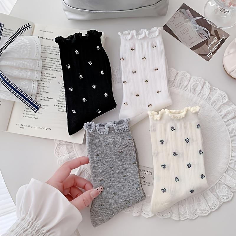 4 Pairs New Spring & Summer Minimalist Floral Crew Socks, Japanese Mesh Slouch Socks, Korean Sweet Ballet Style Ruffle Bow Socks For Women