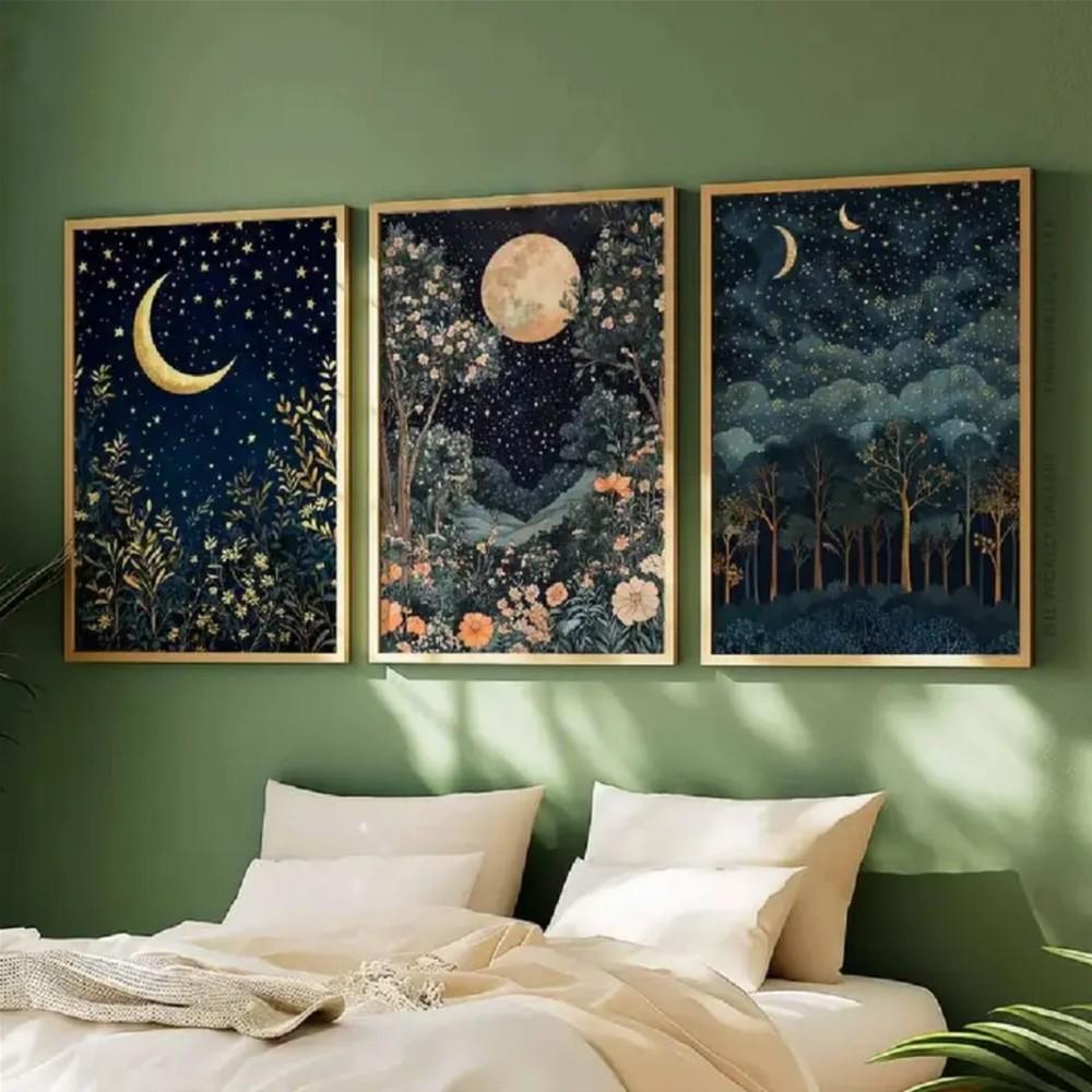 Optional Wooden Frame William Morris Artistic Canvas Art Prints Floral Boho Print 3pcs Gold Decor Decoration Moon Poster Night Sky Botanical Floral Wall Artwork for Bedroom
