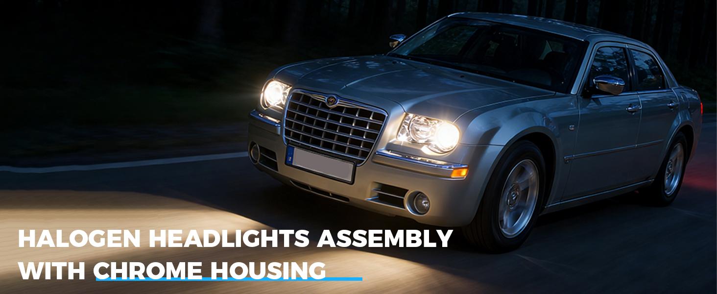 Projector Headlight Assembly Compatible with 2005-2010 Chrysler 300C Halogen Headlamp w/Bulbs Replacement Chrome Housing#CH2502167, CH2503167