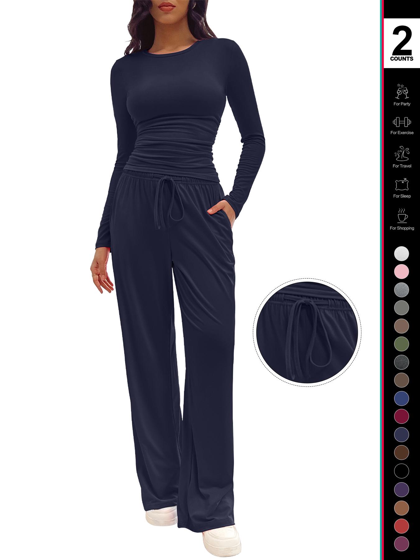 Women's Solid Ruched Drawstring Loungewear Set, Casual Fit Long Sleeve Round Neck Top & Pocket Wide Leg Trousers, Ladies Sleepwear for All Seasons