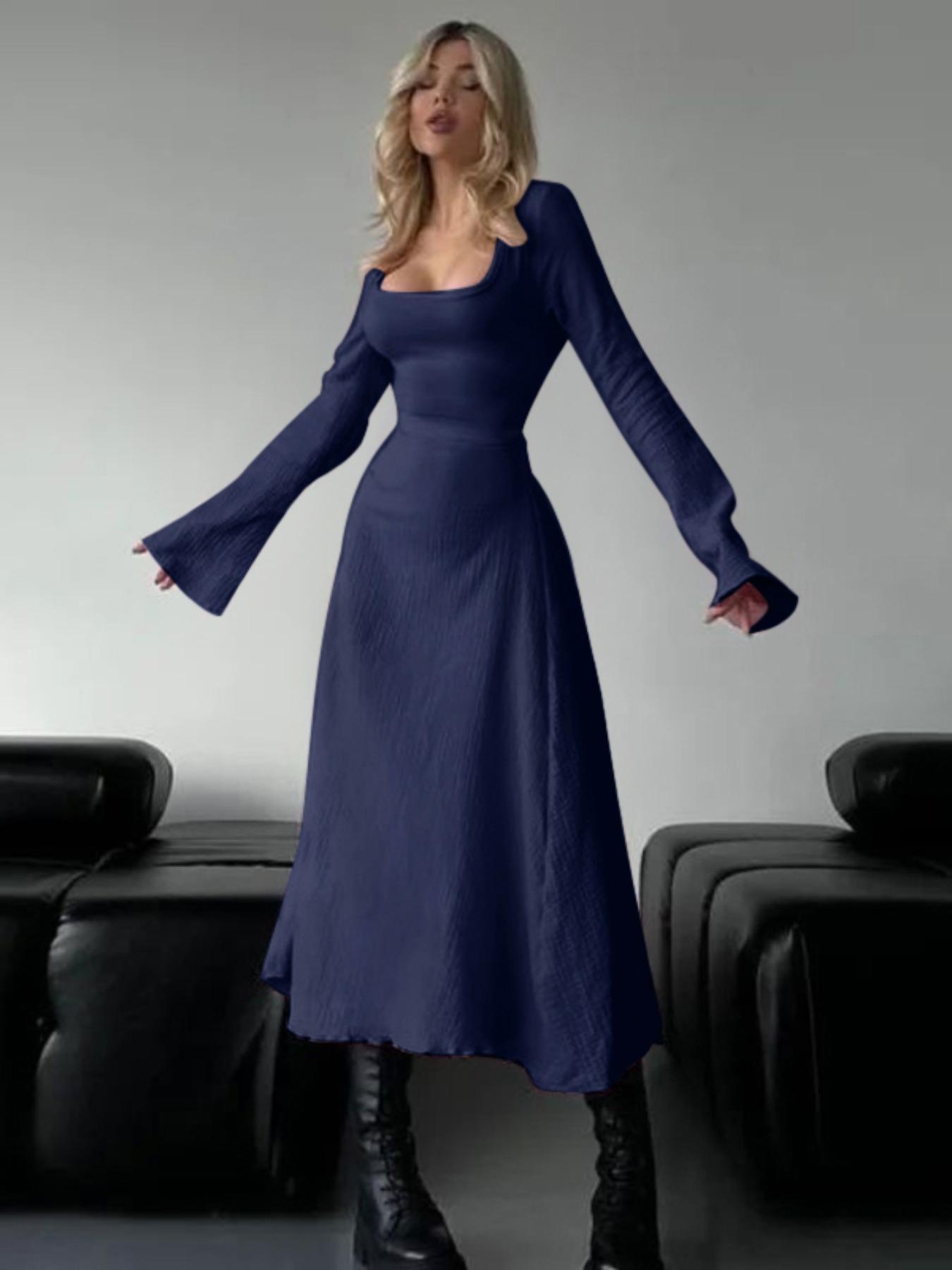 Women's Plain Lace Up Flounce Sleeve Dress, Elegant Square Neck Long Sleeve A Line Dress for Spring & Fall, Women's Clothing for Daily Wear