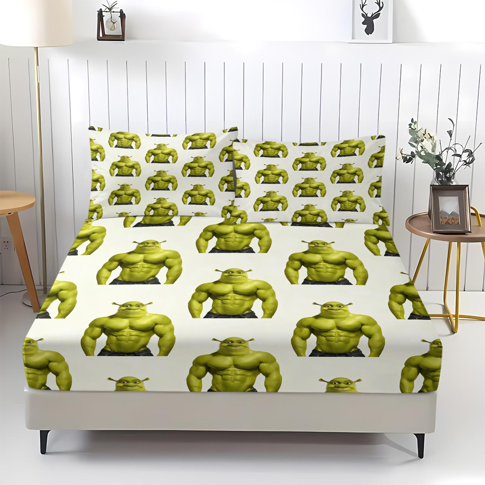 3 Piece Shrek Pattern Fitted Sheet Set, Soft And Durable Bedding Set, Including 1 Piece Flat Sheet And 2 Pieces Pillowcases, Suitable For Children And Adults Daily Holiday Birthday Gifts Bedroom Decorations