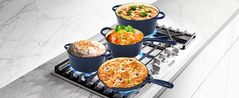 Uniflasy Navy Blue Enameled Cast Iron Cookware Set - 7-Piece Dutch Oven, Sauce Pan & Skillet with 3 Lids, PFOA-Free Ceramic Coated, Heavy Duty Construction, Gas/Induction/Oven Safe Casserole