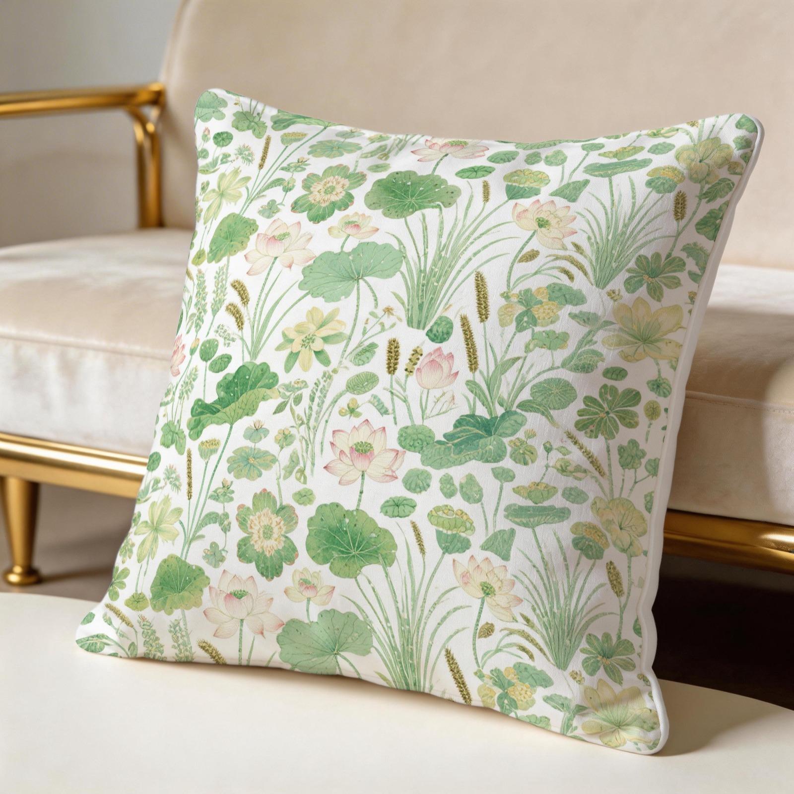 1 Piece Watercolor Lotus Pond Throw Pillow, HD Digital Printed Decorative Cushion, Aesthetic Boho Accent Pillow with Zipper Closure for Sofa Couch Bed Living Room Home Decor