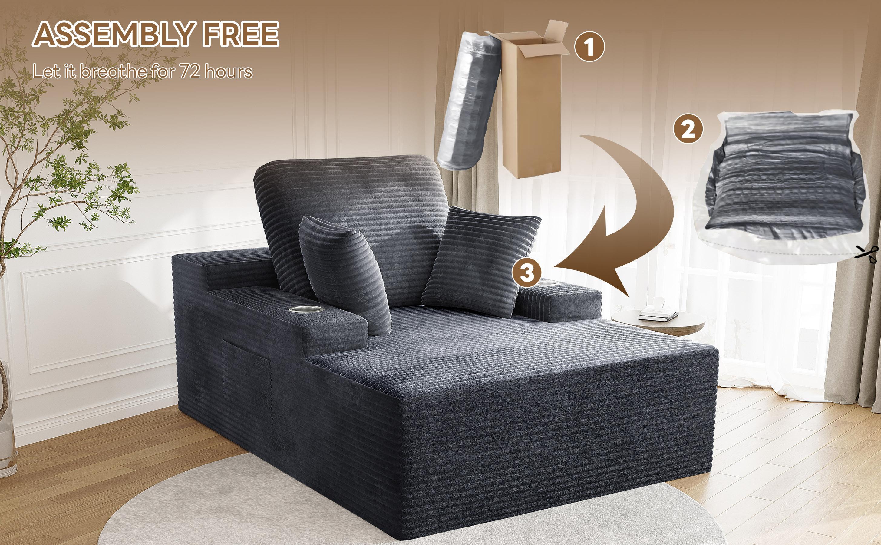 49" Oversized Chaise Lounge Sofa Bed with 2 Cup Holders & Storage Pocket - Plush Corduroy Upholstered, No Assembly Cloud Couch for Living Room, Bedroom, or Reading Nook