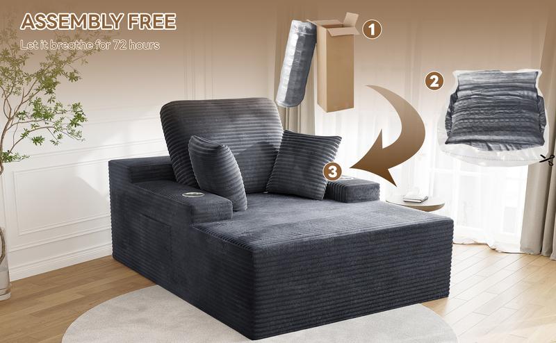49" Oversized Chaise Lounge Sofa Bed with 2 Cup Holders & Storage Pocket - Plush Corduroy Upholstered, No Assembly Cloud Couch for Living Room, Bedroom, or Reading Nook