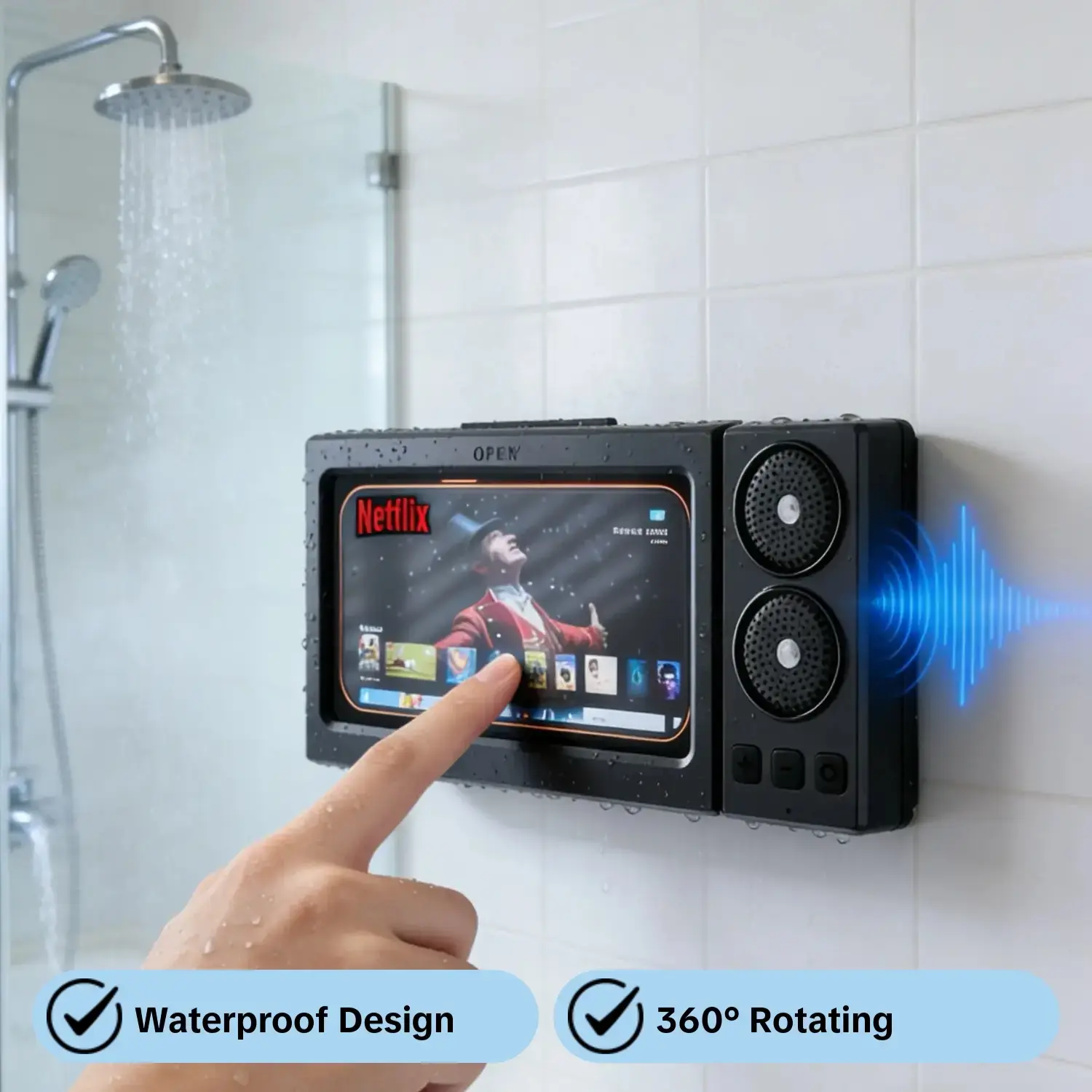 Waterproof Box Bluetooth Wireless Speaker with 360° Rotating Touch Screen, Bathroom Shower TV and Phone Holder Speaker for Watching Movies, Listening to Music, Suitable for Swimming Pool, Kitchen and Bathroom, Soundbox