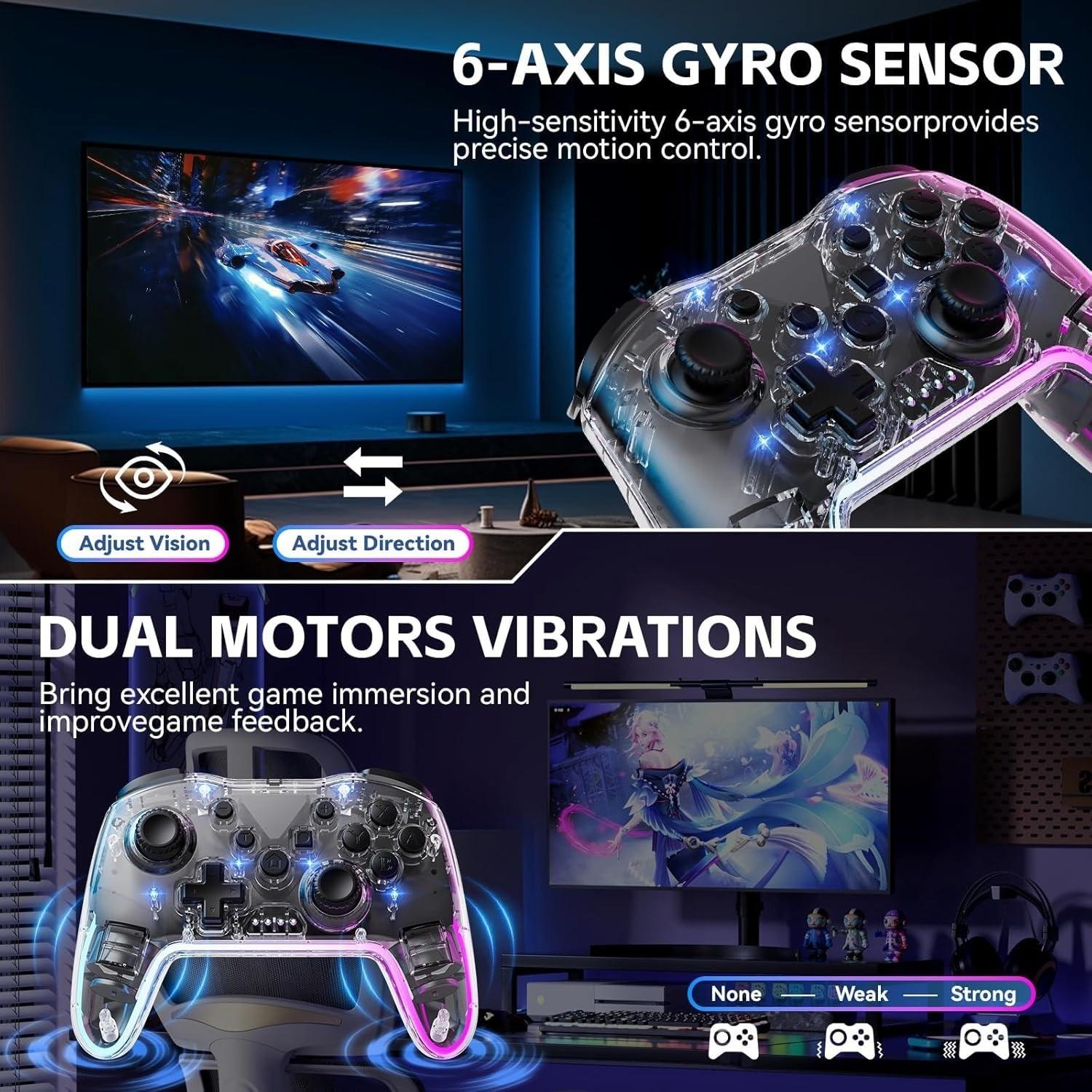 Wireless Game Controller for Switch Lite Oled PC Android iOS, Rechargeable Gaming Joystick with 7 Color RGB Lights and 3D Analog Stick, Universal Controller