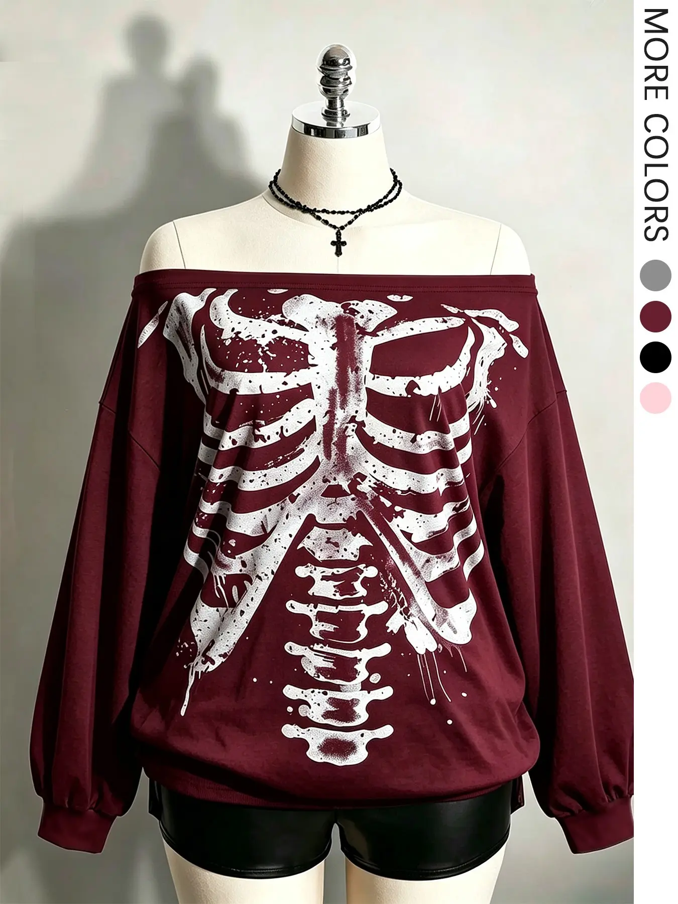 【Black Friday】1Pc Women's Red Off Shoulder Irregular Long Sleeve Top, Skeleton Ribcage Drip Print, Drop Shoulder Oversized Y2K Goth Gothic Autumn Blouse