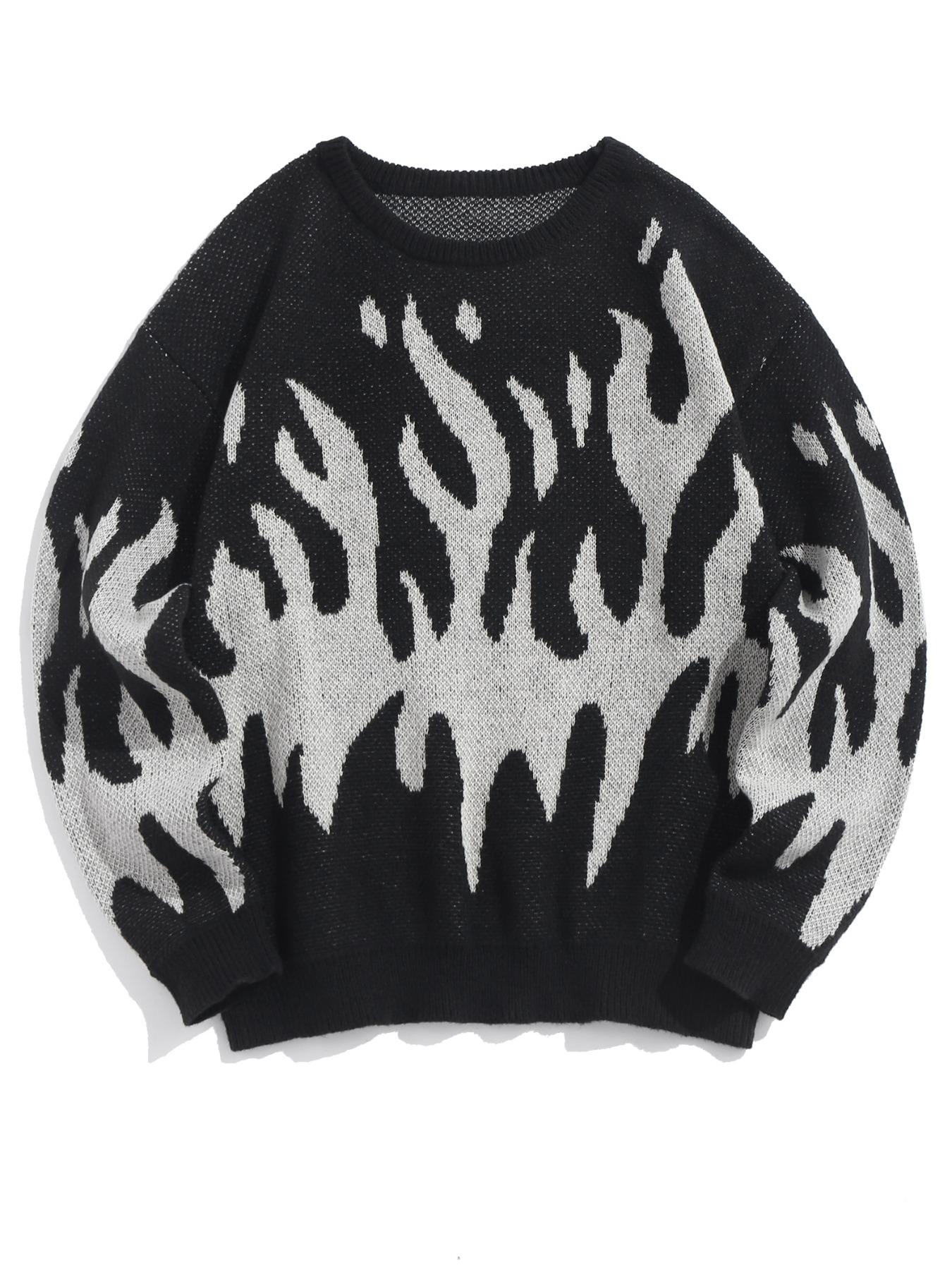 ZAFUL Men's Fall Winter Flame Pattern High Stretch Crew Neck Long Sleeve Sweater Ribbed Sweater Tops, Casual Loose Fit Knitwear for Men, Comfortable Daily Wear