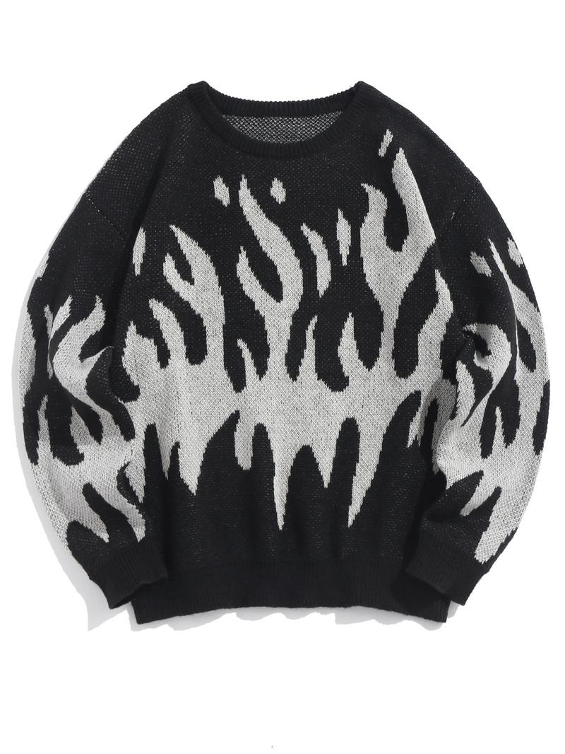 ZAFUL Men's Fall Winter Flame Pattern High Stretch Crew Neck Long Sleeve Sweater Ribbed Sweater Tops, Casual Loose Fit Knitwear for Men, Comfortable Daily Wear