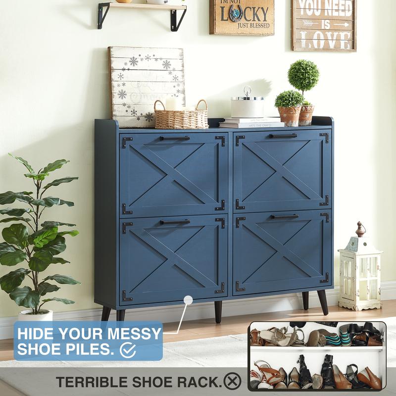 Farmhouse Shoe Storage Cabinet with 2-4 Flip Drawers & Barn Door Design - Freestanding Slim Narrow Shoe Organizer for Entryway, Foyer & Hallway