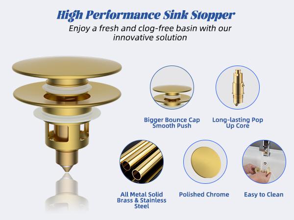 Hibbent All Metal Upgraded Bathroom Sink Stopper, Universal Pop Up Sink Drain Strainer, Brass Bullet Core Push Type Sink Stopper for 1.1''~2.3''' Basin, Anti Clogging Drain Filter Hibbent All Metal Upgraded Bathroom Sink Stopper, Universal Pop Up Sink Drain Strainer, Brass Bullet Core Push Type Sink Stopper for 1.1''~2.3''' Basin, Anti Clogging Drain Filter