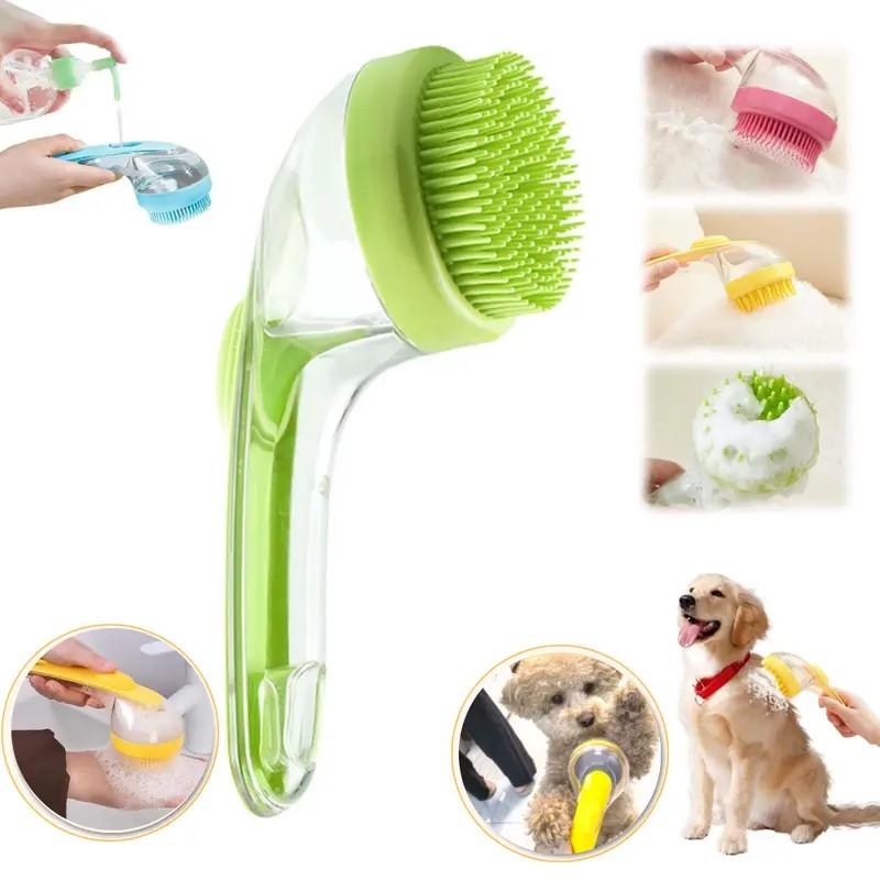 Two-In-One Pet Bath Brush with Handle, Soft Silicone Bristles, Shampoo Dispenser, Grooming Massager for Dogs & Cats, Long/short Hair