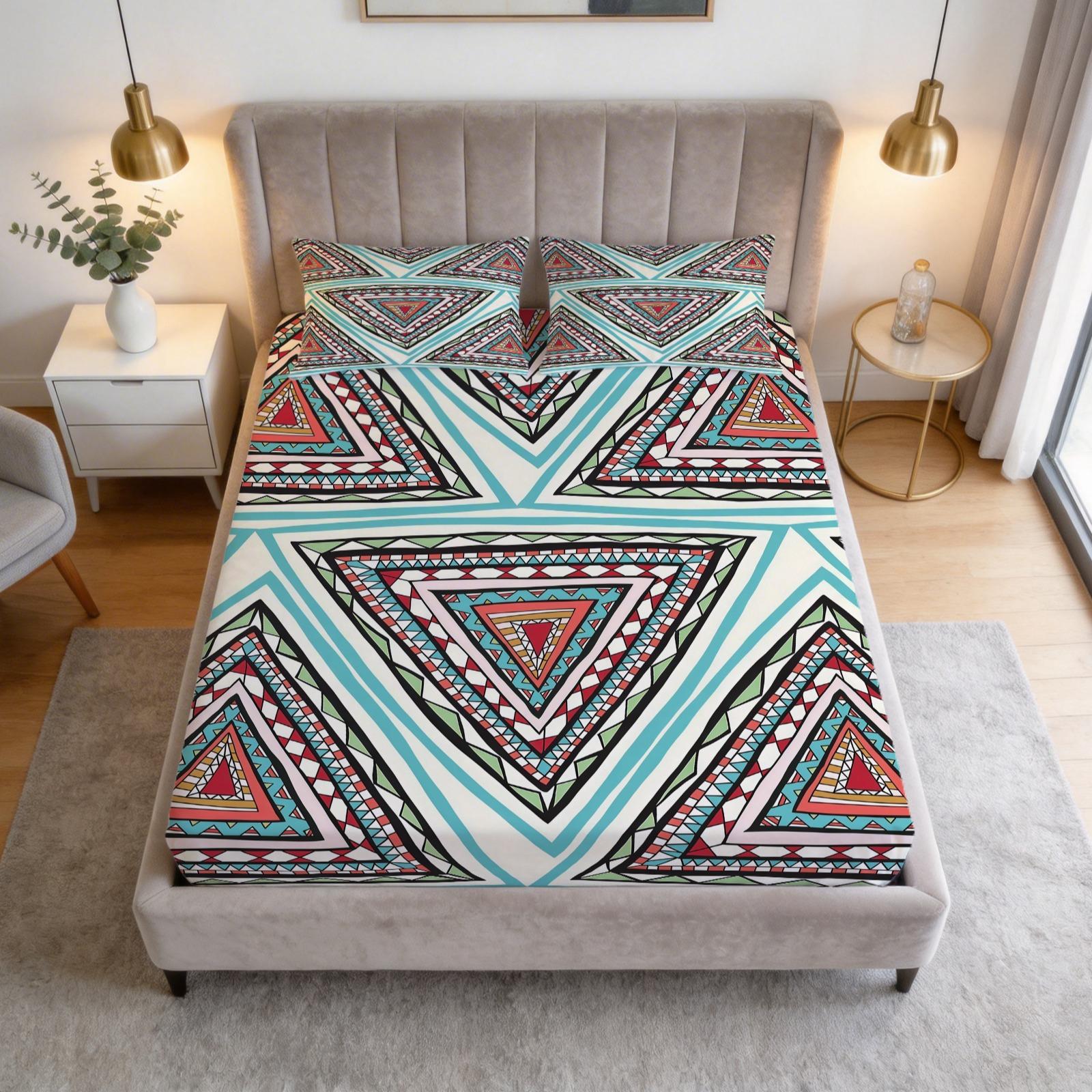 3-Piece Bohemian Style Patterned Bed Sheet Set, Boho Sheets, Including 1 Bed Sheet And 2 Pillowcases (Excluding Pillow Core), Comfortable Bedding, Non Slip Suitable For Bedrooms, Suitable For Children And Teenagers As Gifts And Decorations