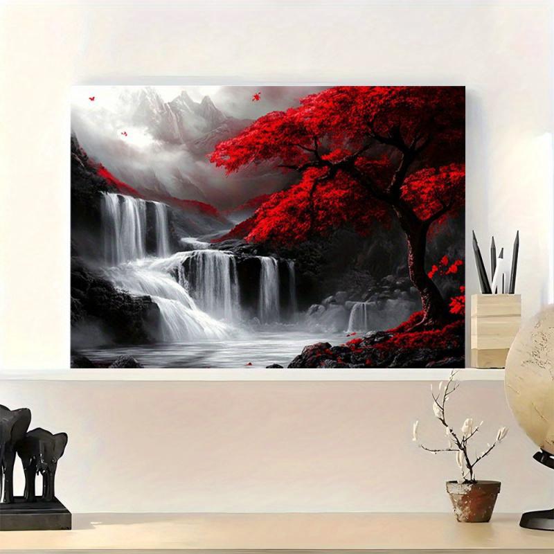 2D canvas art, 1pc wooden frame fantasy red trees and waterfalls canvas art - painting in black, white, and red color scheme, perfect for living room and home wall decoration, ideal for Christmas, Halloween, birthdays, graduations, and special occasions