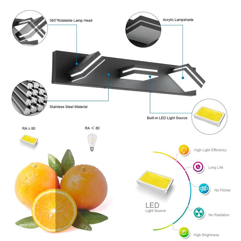 LED Modern Bathroom Vanity Light Fixtures 3-Light 19-Inch Matte Black Acrylic Wall Lighting Over Mirror Energy Saving 18W Cool White Rotatable Design