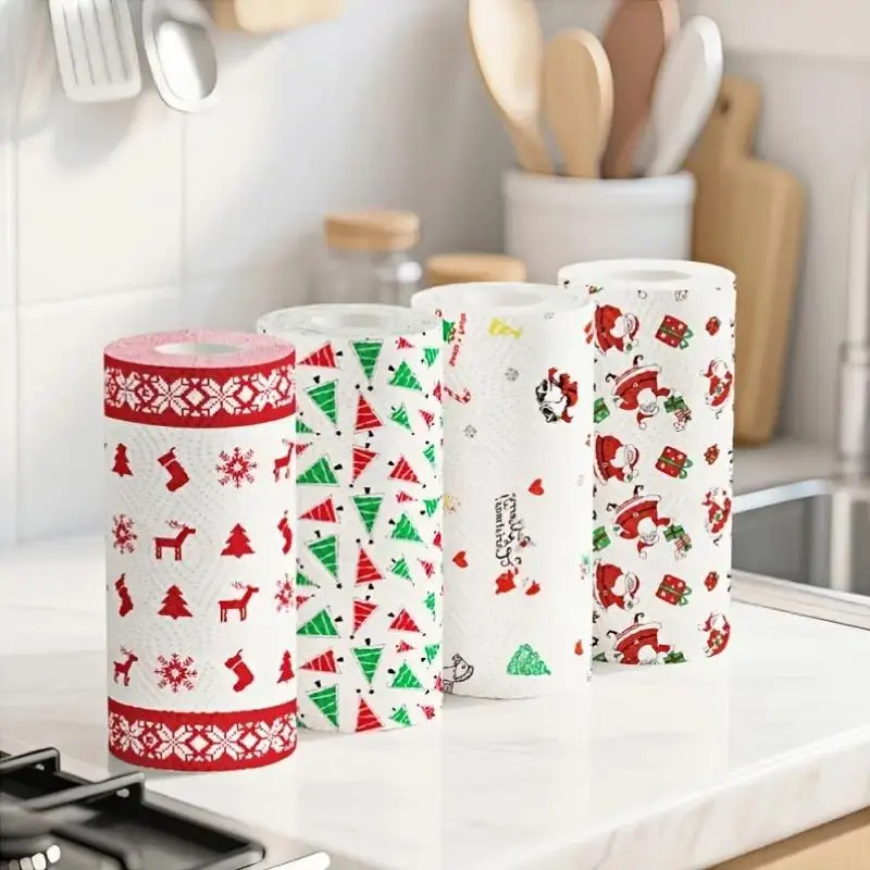 4 PCS Christmas Kitchen Paper Set – Thick 3-Layer Disposable Roll, Wet & Dry Dual-Purpose Household Paper Towels, Cleaning Supplies, Random Style, Xmas Home Cleaning, Festive Kitchen Paper, Christmas Gift Idea, High-Quality Absorbent Tissue, Holiday Decor