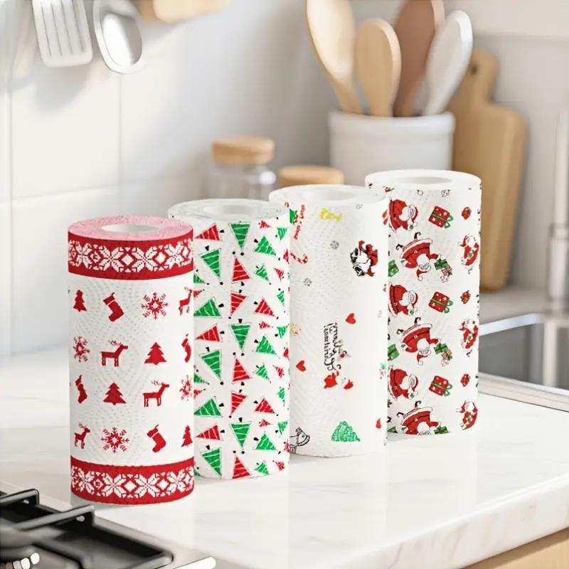 4 PCS Christmas Kitchen Paper Set – Thick 3-Layer Disposable Roll, Wet & Dry Dual-Purpose Household Paper Towels, Cleaning Supplies, Random Style, Xmas Home Cleaning, Festive Kitchen Paper, Christmas Gift Idea, High-Quality Absorbent Tissue, Holiday Decor