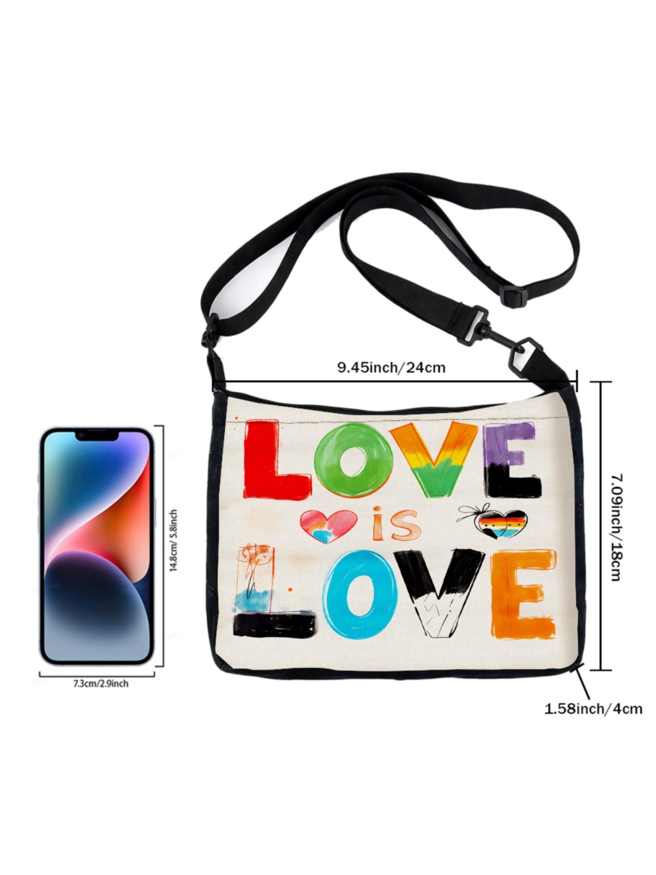 1pc Love Is Love Rainbow Print Crossbody Bag Women Shoulder Bag Colorful Text And Heart Design For Pride Events Party Outings Casual Wear With Adjustable Strap Perfect For Daily Use Commuting Shopping