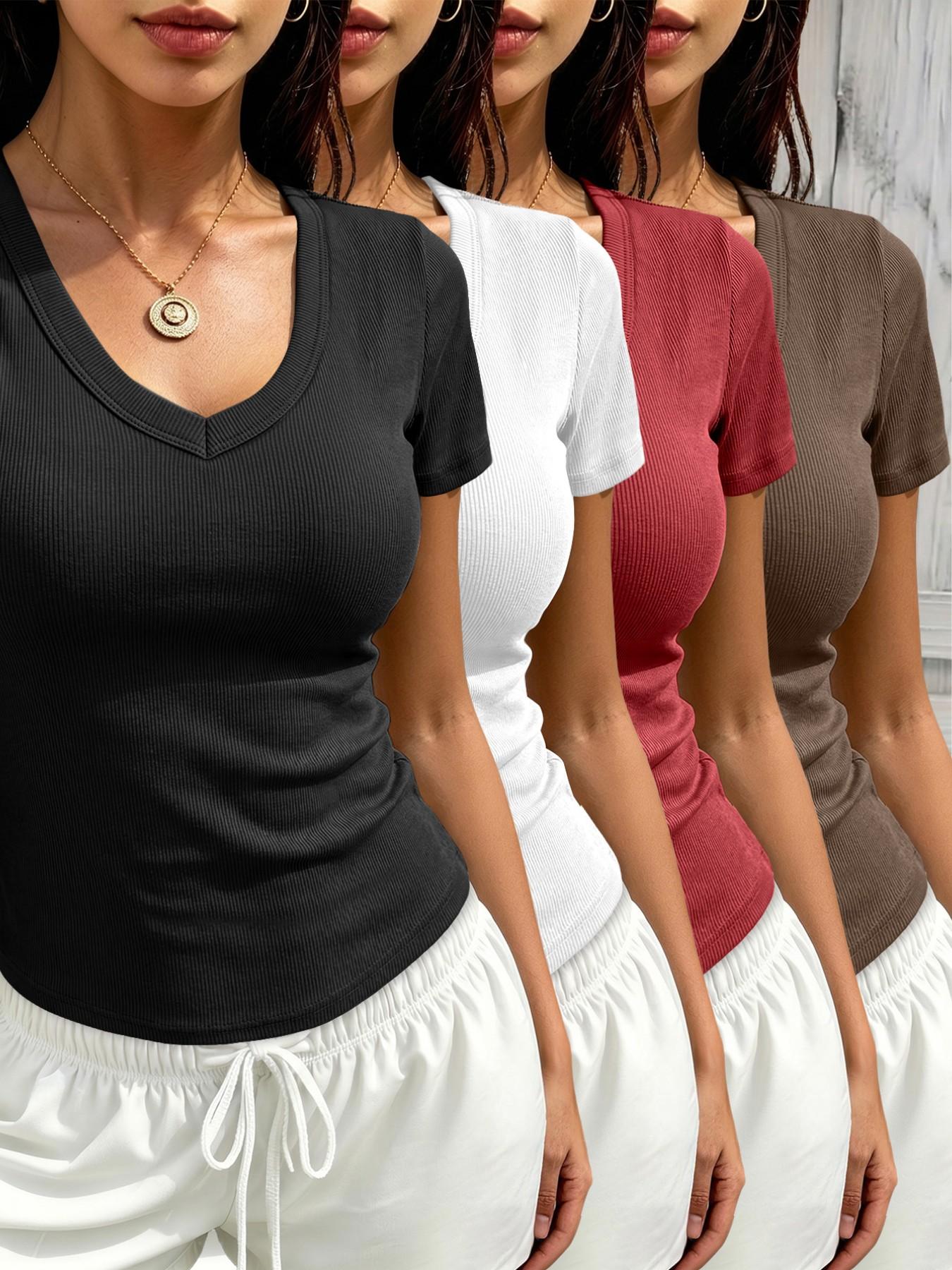Women's Ribbed V-Neck Short Sleeve Summer T-Shirt 4-Piece Set, Casual Fitted Solid Color, All Seasons Wear, Plain Surface Unlined Design