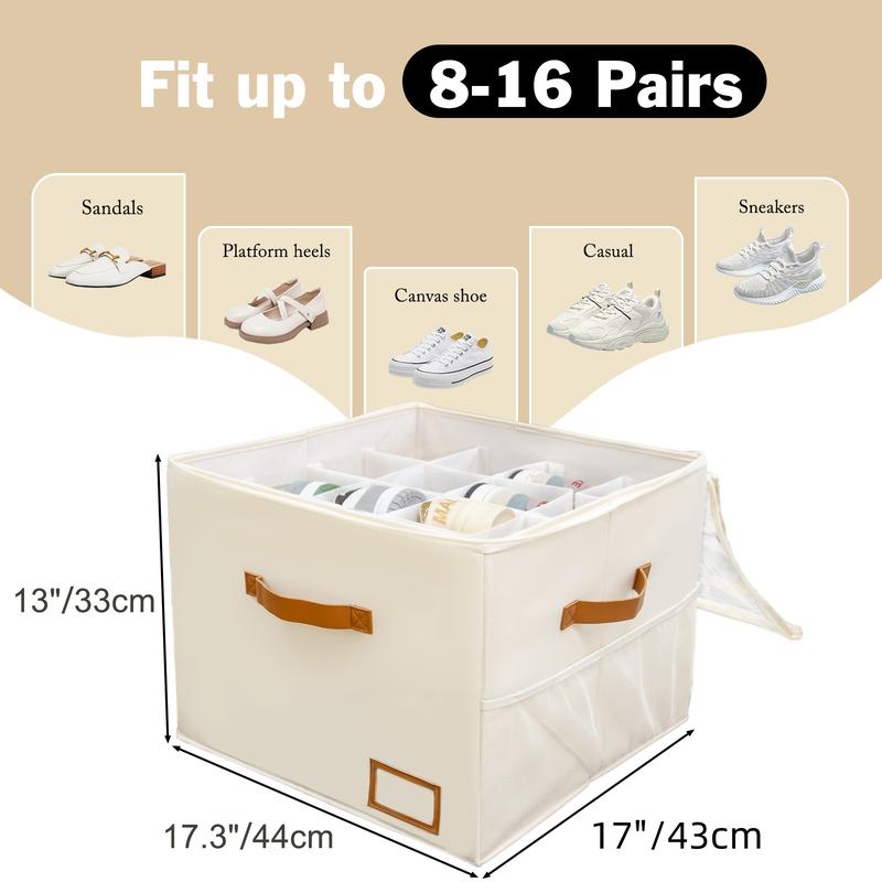 Shoe Organizer for Closet, Fabric Shoe Storage Boxes with Clear Cover, Adjustable Dividers for Storage, Foldable Space-saving Storage Container Bins, Fits 8-16 Pairs Back to school season