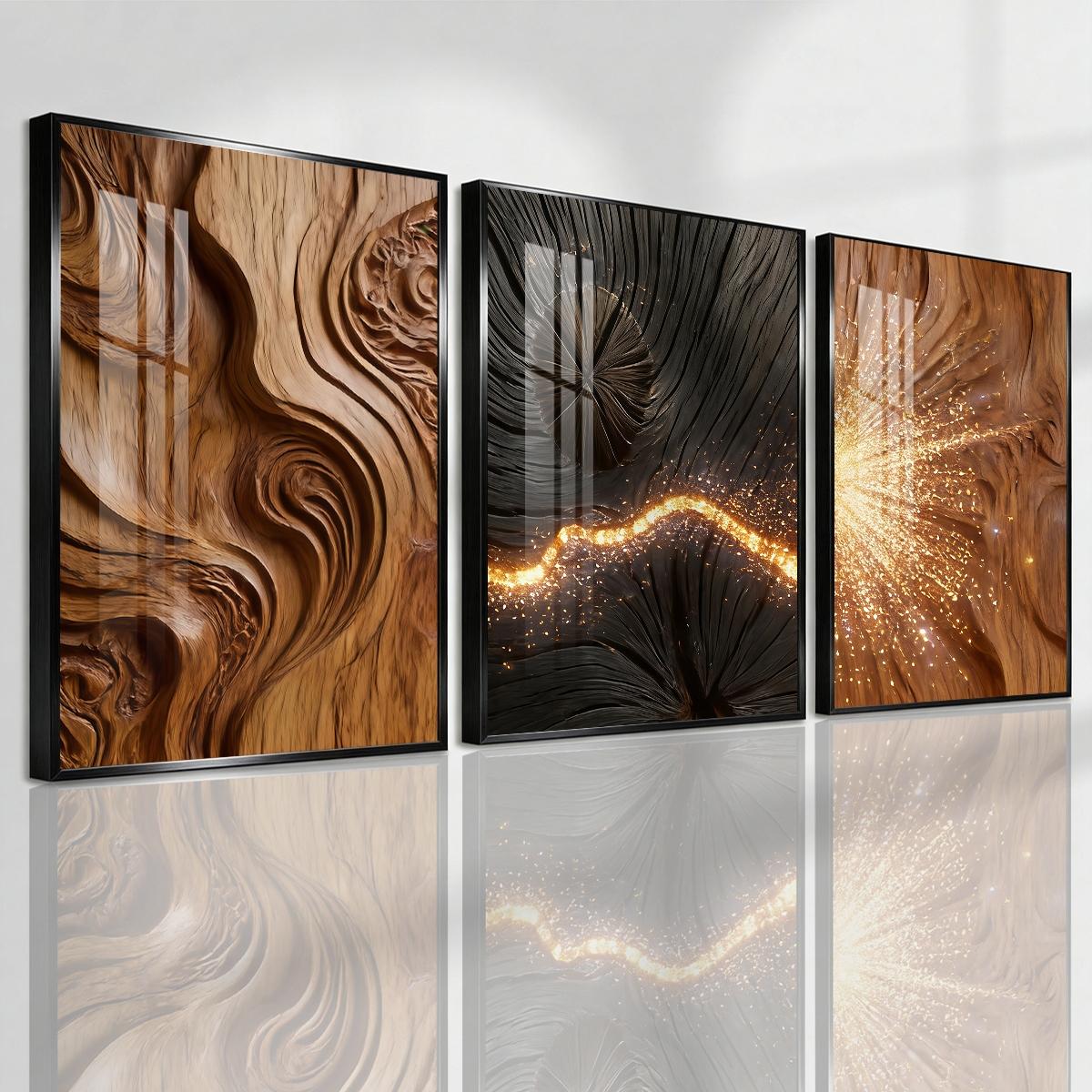 3 Counts Aluminum Alloy Framed Painting, Abstract Wood Texture And Golden Spark Art Pictures, Home Decoration For Living Room, Bedroom, Office, Restaurant, Hallway Wall Decor, Odorless Print Artwork, Luxury Perfect Gift For Friends And Family