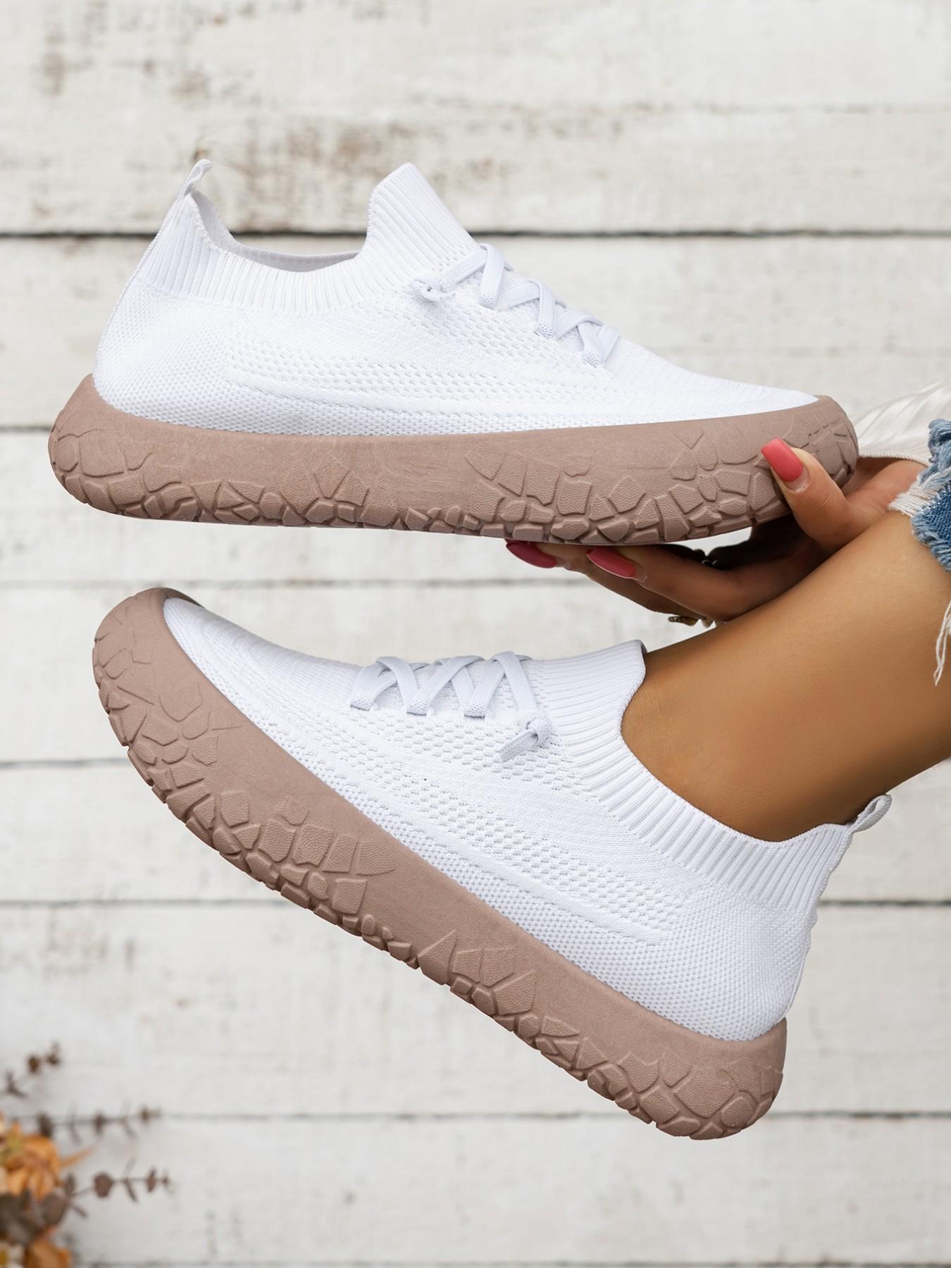 Women's Breathable Flyknit Casual Dad Shoes, Casual Trainer Footwear, Round Toe Flatform Sneakers, Wide Fit PVC Sole, All-Season Comfort for Daily Wear