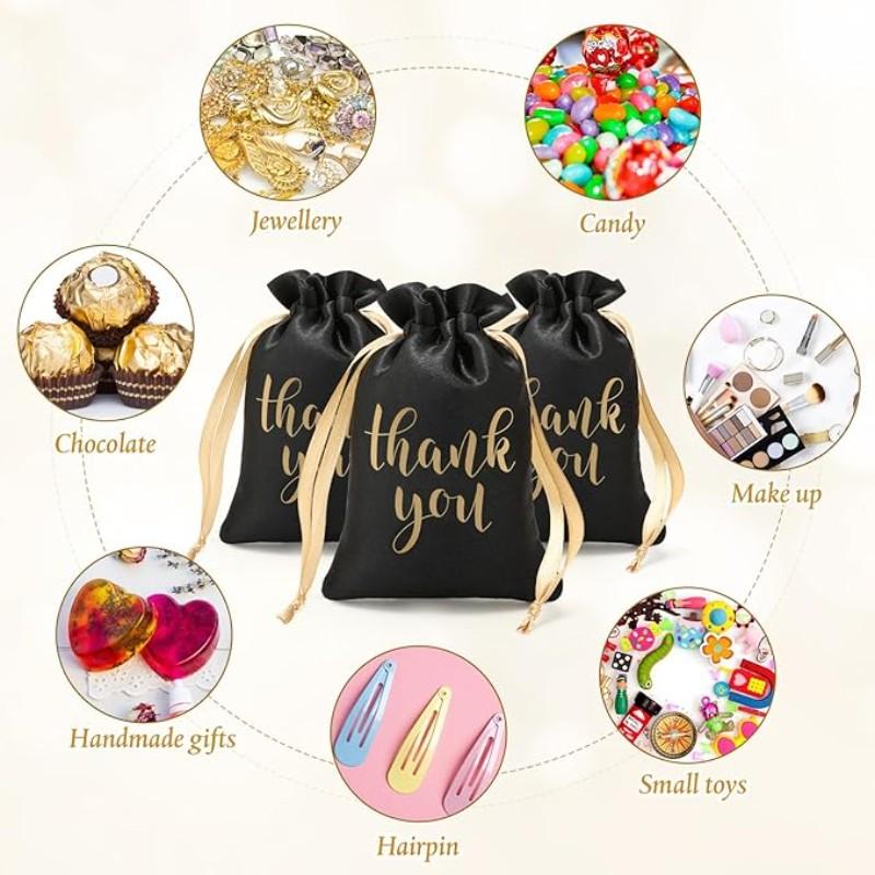 10/30 Pcs Thank You Satin Gift Bags with Drawstring Jewelry Candy Pouches for Wedding Bridal Baby Shower Employee Appreciation Birthday Party Thank You Bags Gift Wrap(Black, Gold,4 x 6 Inch)