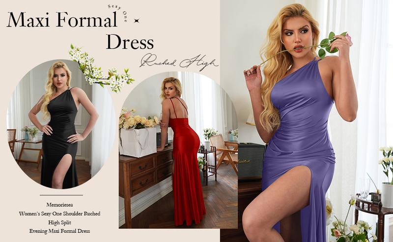 OYV Women's Sexy One Shoulder Ruched High Split Evening Maxi Formal Dress