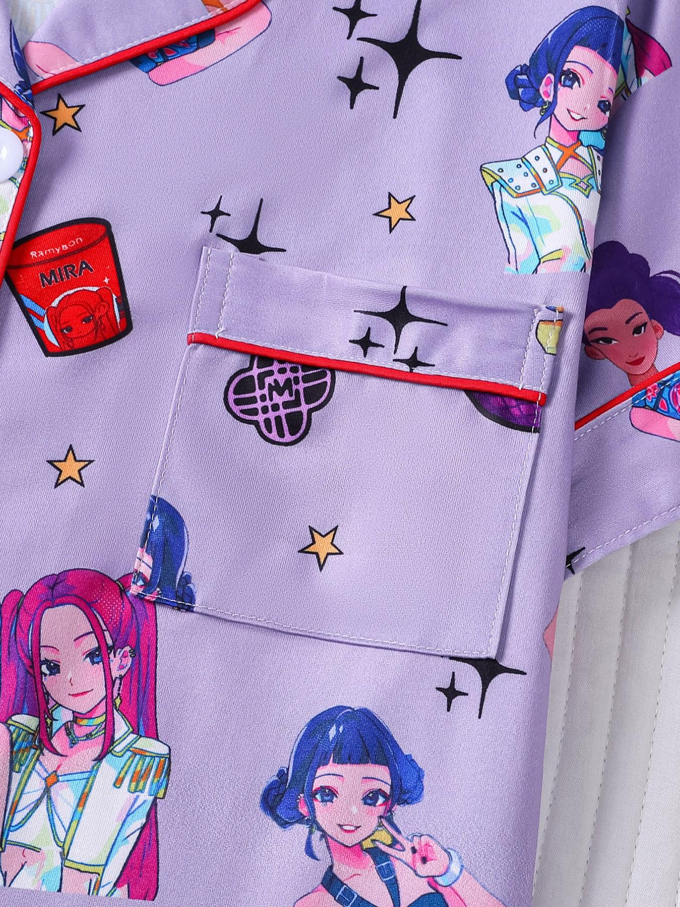 2-piece children's set featuring full-body K-pop cartoon girl prints, short sleeves, shorts with soft and comfortable top, small pockets, lapel design, elastic waistband, suitable for year-round home wear, casual leisure children's pajama set
