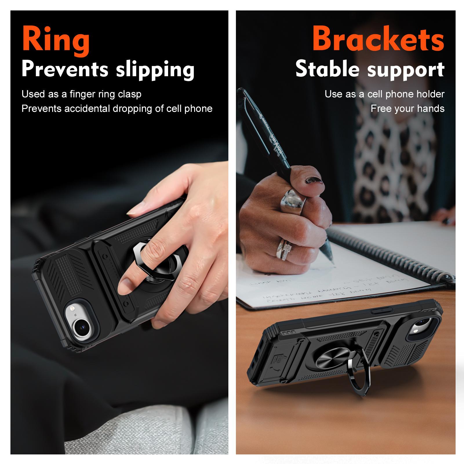 Rugged Smartphone Wallet Card Holder Case with Cash Slot, Handheld Device Accessories for iPhone 17/16/15/14/13/12 Pro Max Plus Air, Built-in Ring Kickstand, Heavy Duty Anti-Drop Dual Layer TPU-PC Shell, Devices