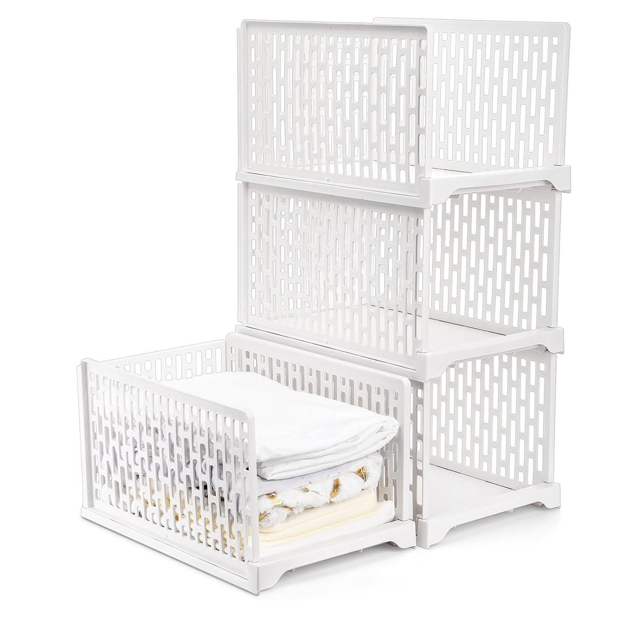 Stackable Plastic Storage Baskets, Foldable Closet Organizer Boxes, Wardrobe Container & Drawer Rack, Suitable for Cabinets, Bedroom, Dormitory, Bathroom, Kitchen, Office, Stackable Design