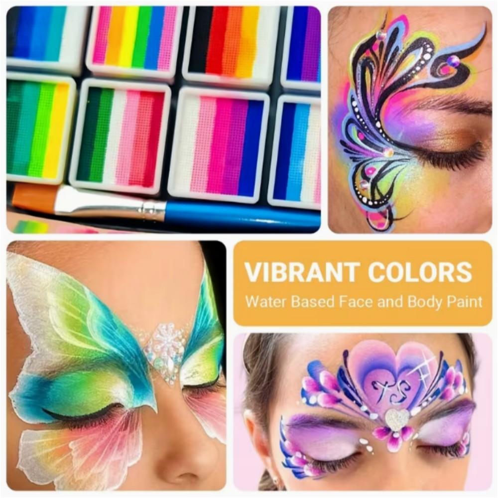 Face & Body Paint Palette Set with 1 Brush, Rainbow Gradient Pigment, Cosmetic Paint, Halloween Makeup Kit, Water-based Temporary Body Paint, Ideal for Halloween, Cosplay Parties, Art and Stage Makeup