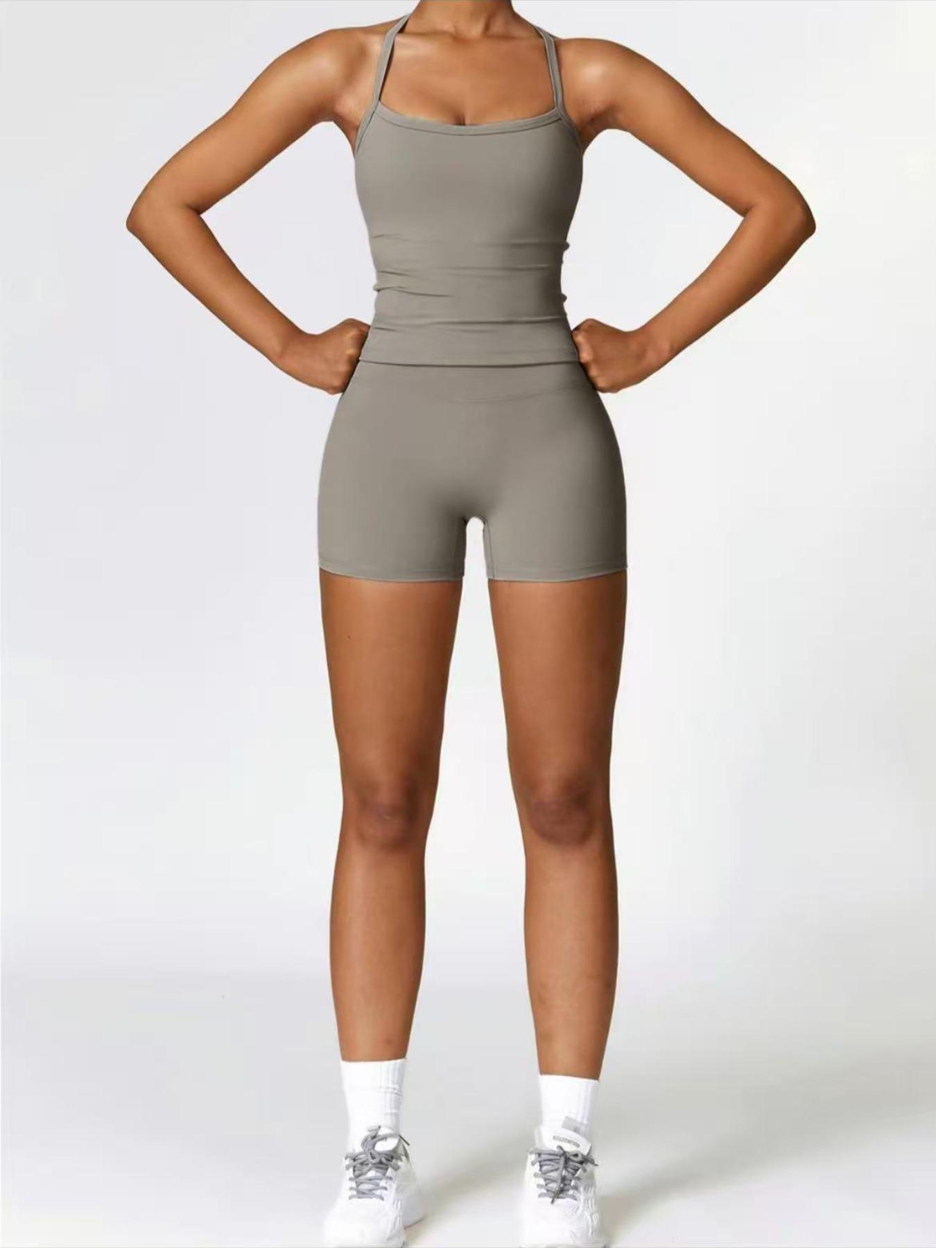 Women's Quick-Dry Two-piece Set, Active Sets, Sculpting Workout Outfit, Solid Backless Cami Top & High Waist Tummy Control Butt-Lifting Shorts, Ladies Sportswear for Indoor Outdoor Wear, Yoga Gym Running Wear, Activewear Yoga Fitness