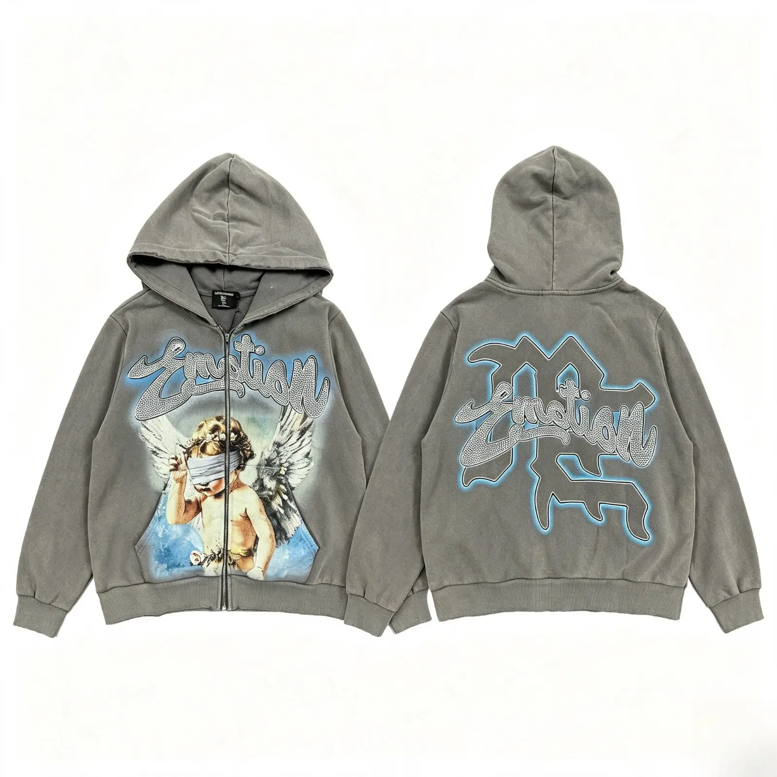 MIXED EMOTION Blindfold Angel Rhinestone Zip Up Cropped Hoodie Vintage Washed Y2K Gothic Graphic Streetwear Jacket Oversized Hooded Sweatshirt Men Unisex, Back To School & Halloween Outfit