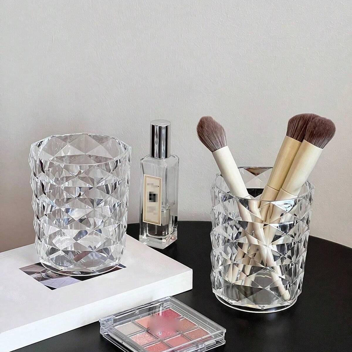 Drill Pattern Diamond Makeup Brush Storage Bucket Pen Holder, Transparent Multi-Functional Container for Eyeshadow Brushes & Water Cup, Desktop Storage Box, Makeup Cosmetic Organizer