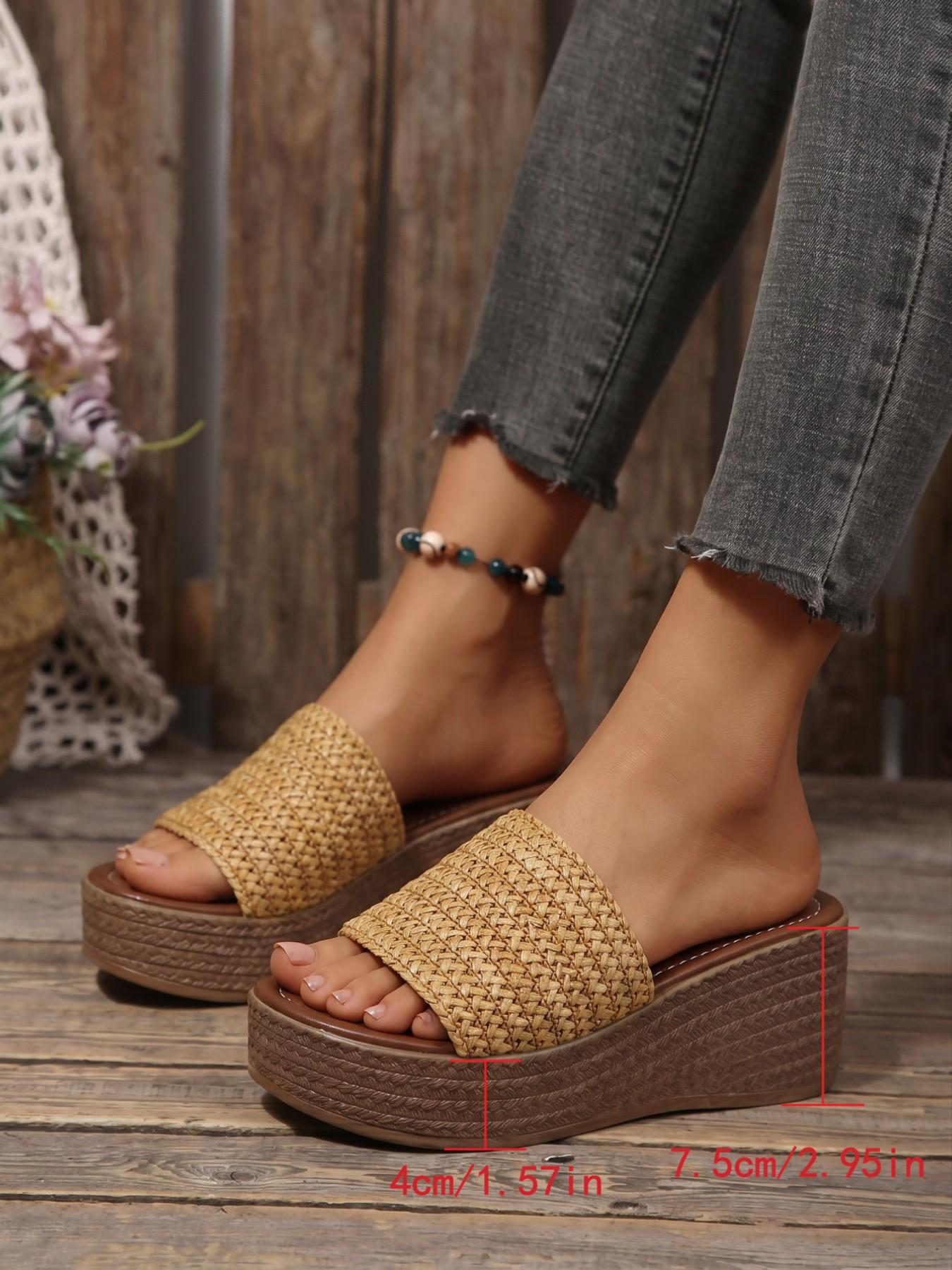 Women's Straw One-Strap Wedge Sandals, Summer Outdoor Retro Braided Thick Sole Platform Slippers, Beach Slip-Ons, Anti-Slip, Height-Increasing, Braided Design Sandals