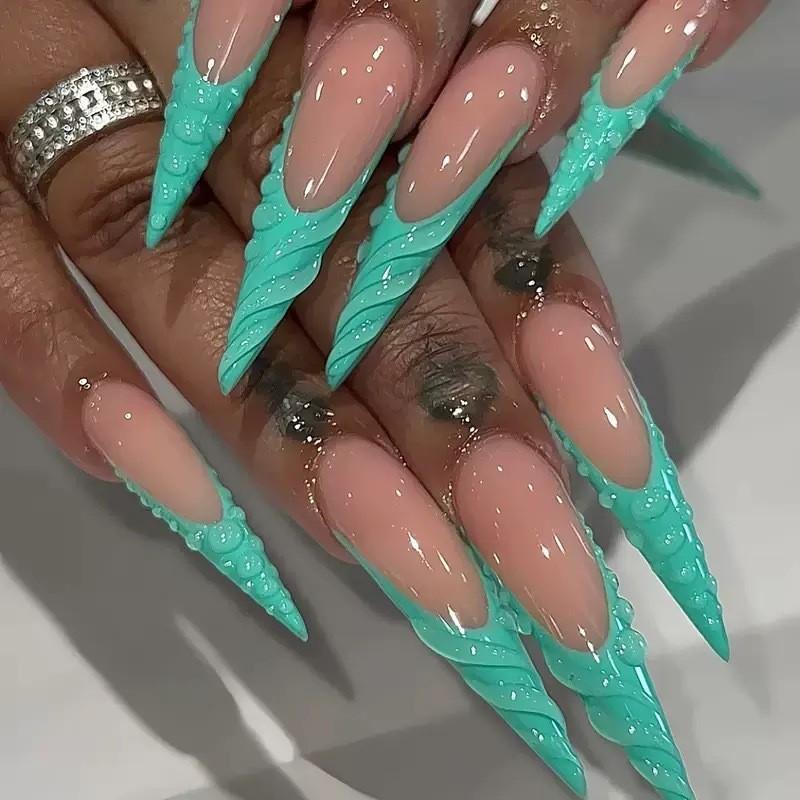 24 Pcs 3D Turquoise Almond Nails, Dragon Scale French Tip Design, Rhinestone Decor, Glossy Gel False Nails, Reusable, Free Jelly Glue & Nail File