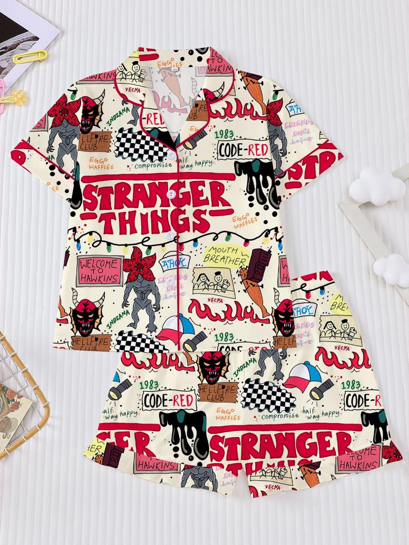 Stranger Things Kids Pajama Set, Cartoon Print Short Sleeves & Loose Fit Shorts, Casual Home Wear for Boys Girls