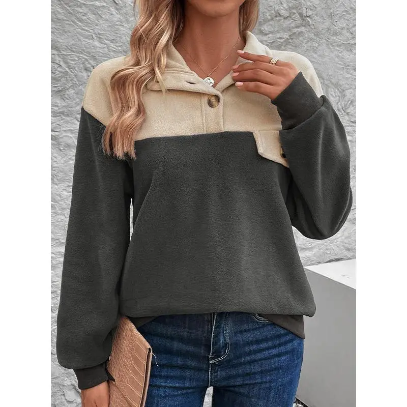 Women Color‑block Half Button Stand Collar Long‑Sleeve Pullover Sweatshirt Tops, Patch Pocket Loose‑fit Casual Stitched Blouse, Daily Outdoor Street‑style Outfit, Fashion Relaxed‑fit Jumper For Autumn Winter Commute, Shopping, Vacation And Friend Gatherin