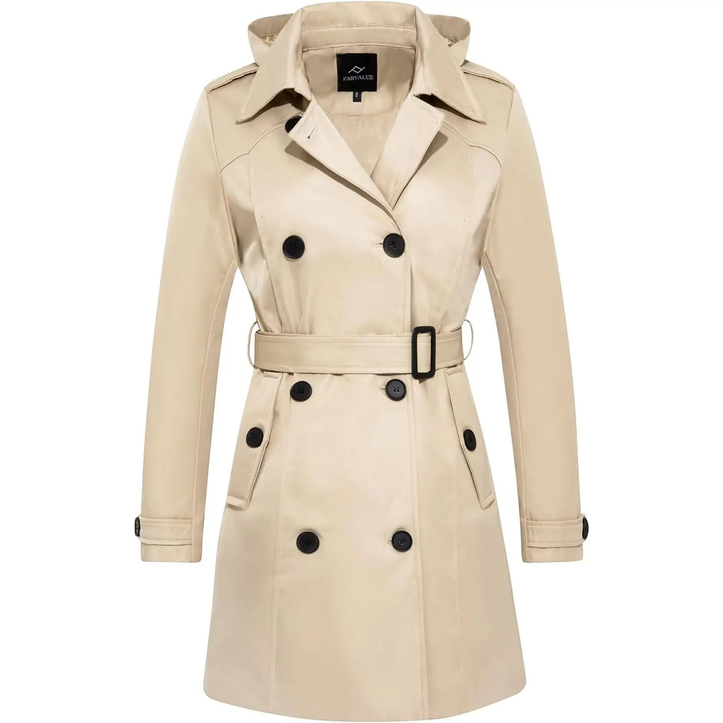 FARVALUE Women's Waterproof Trench Coat Double Breasted Windbreaker Classic Belted Lapel Overcoat with Removable Hood