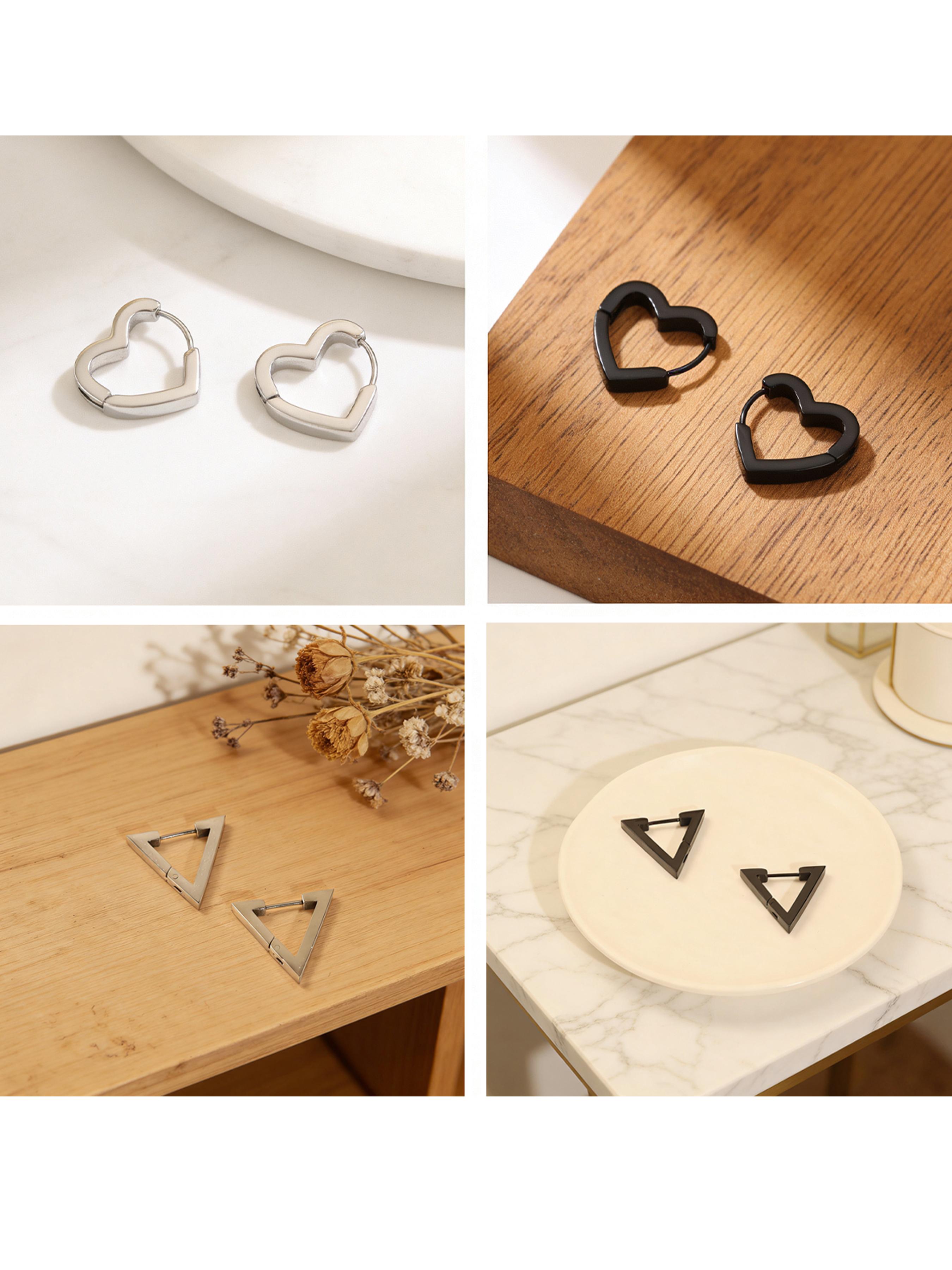 2 Pairs Stainless Steel High Polish Asymmetric Earrings, Triangle Heart Studs for Couples, Daily Wear, Various Festival