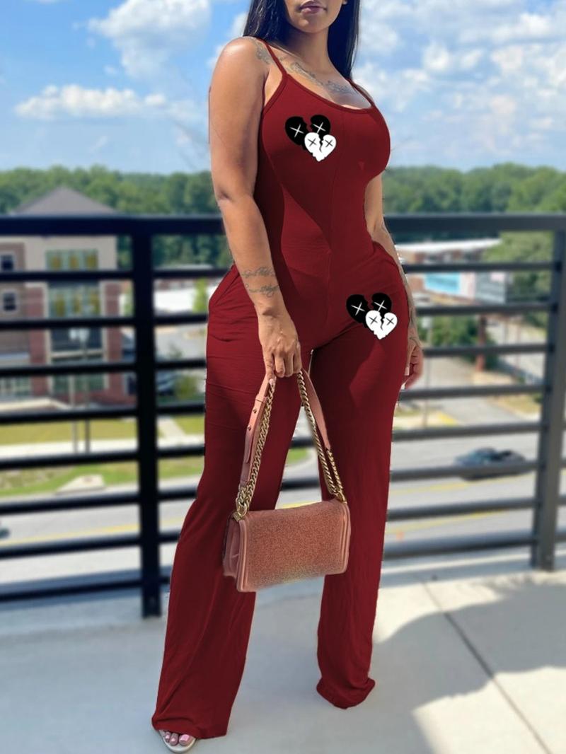 Women's Heart Print Pocket Overall Jumpsuit, Casual Sleeveless Jumpsuit for Daily Wear, Ladies Clothes for All Seasons