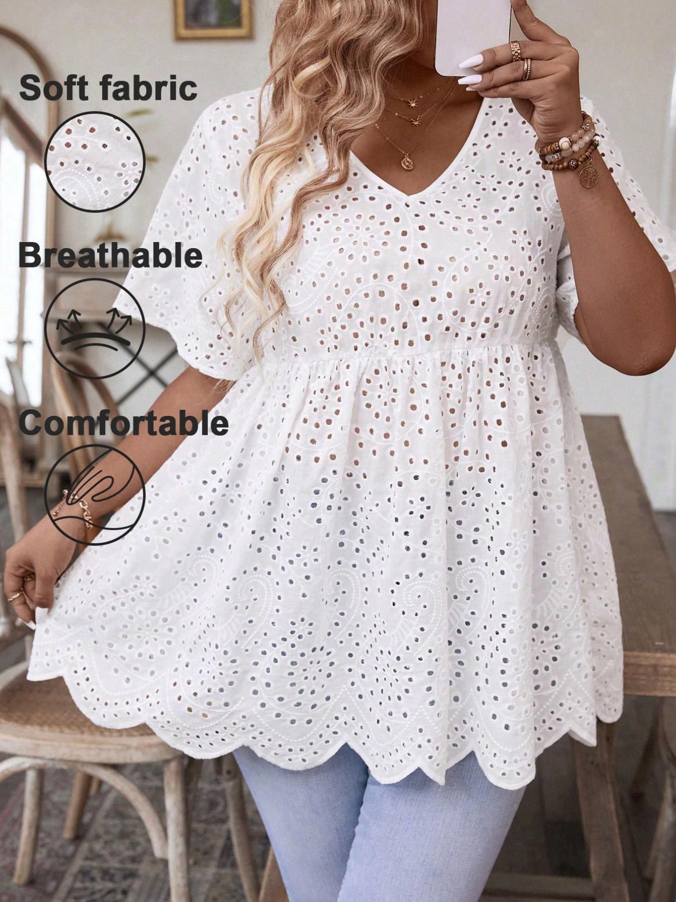 Plus Size French V Neck Embroidered Short Sleeve Top, High Waist Ruched Loose Fit, Breathable Shell Hem, Casual Babydoll Shirt